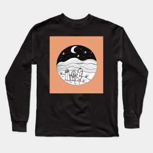 Surfboards at Night Ink Illustration with a coral background Long Sleeve T-Shirt